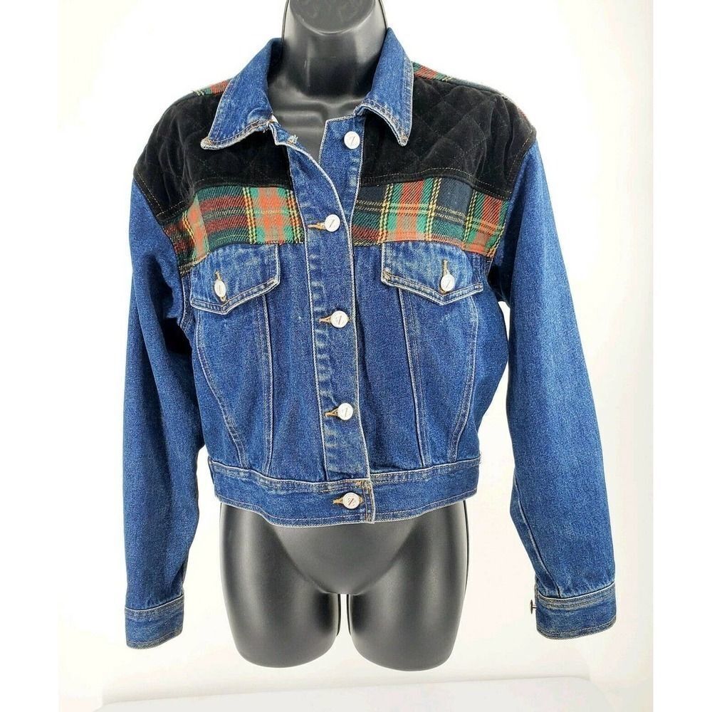 Vintage Zip Code Denim Jacket Quilted Velvet Plaid S